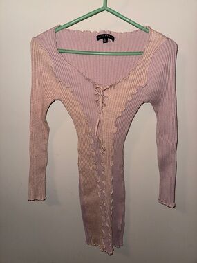 Two-Tone Pink Ribbed Lace-Up V-Neck mini dress